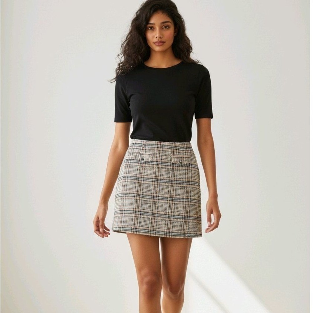 Lili Sidonio Molly Bracken Plaid‎ Mini Skirt Tan Black Red Wool Blend Size L